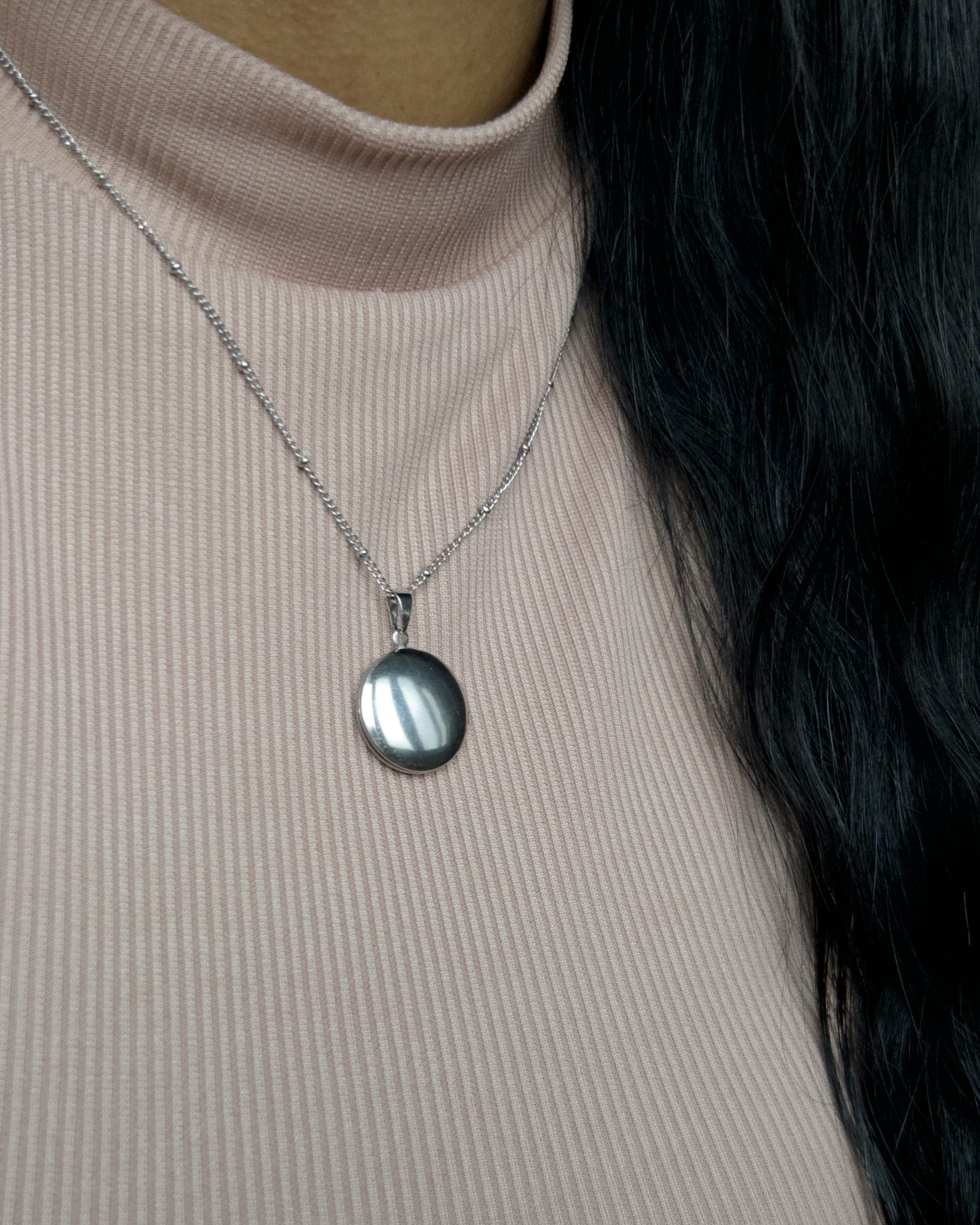 Colar Relicário Corrente Bolinhas em Aço Inoxidável Prata (Redondo Liso Mini) - Imagem 2